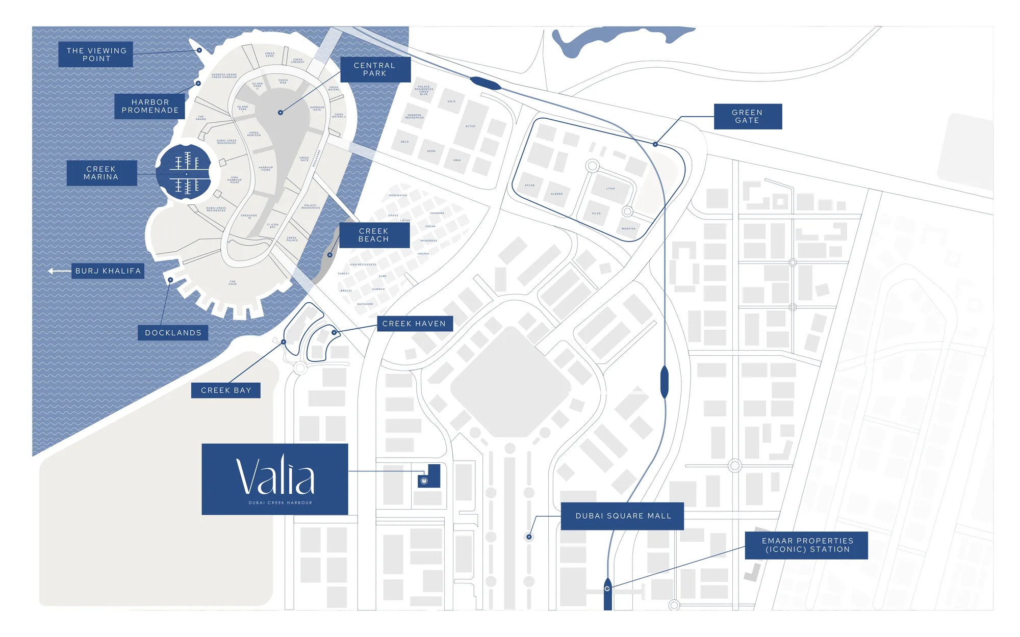 Mapa de localização de Valia em Dubai Creek Harbour